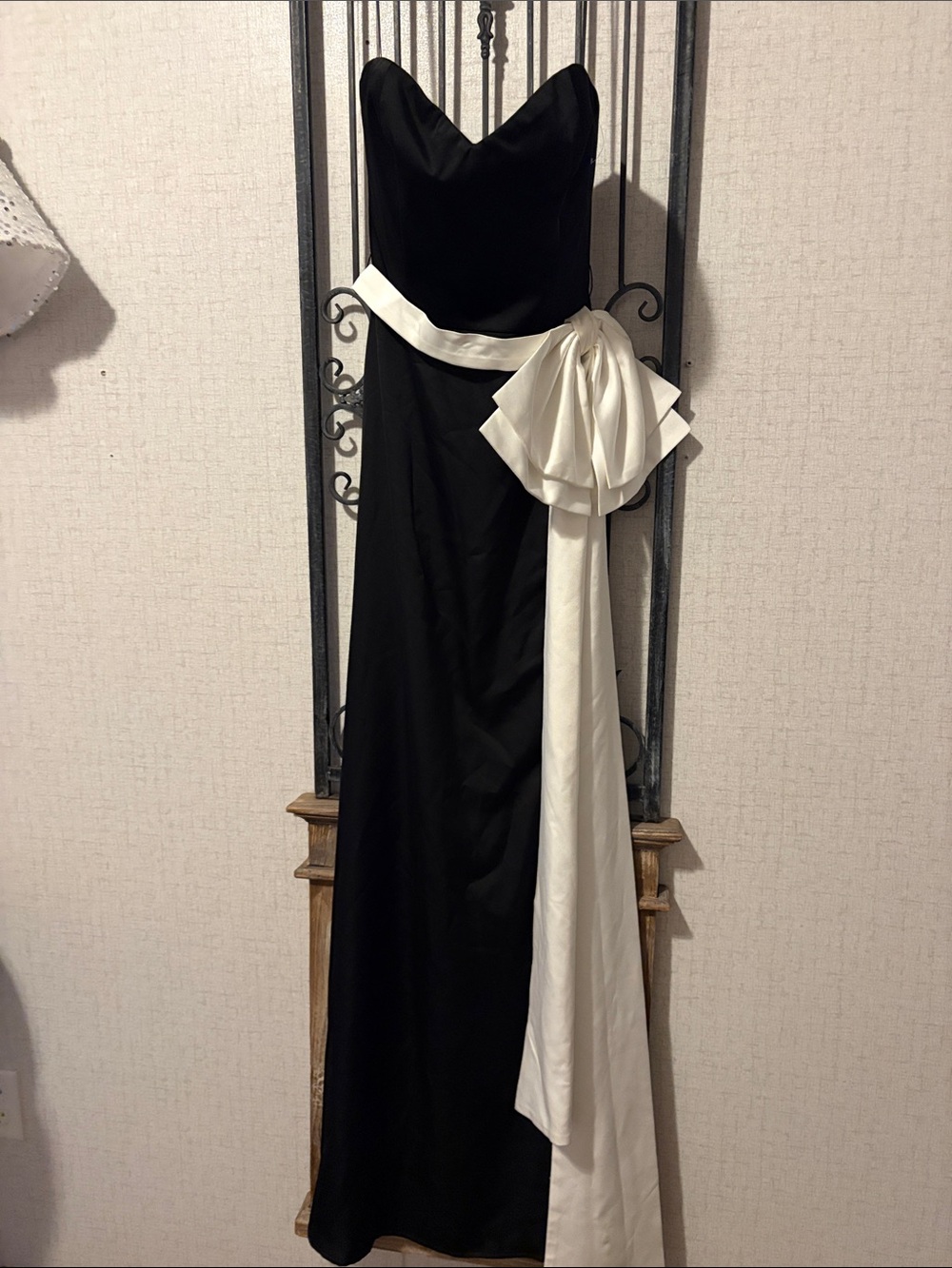 Dress the Population Black Strapless Gown with White Sash Bow